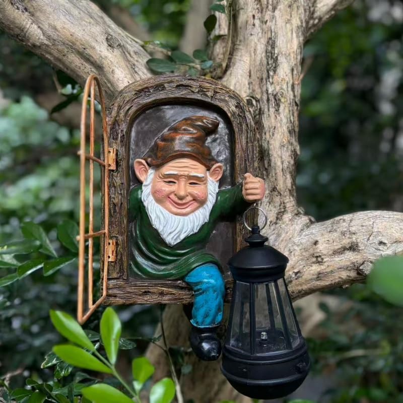 Gnomes Statue with Solar Lights Spring Decorations Whimsical Fairy Garden-10 Inch Elf Outdoor Tree Hugger Garden Statues- Tree Face Sculpture, Yard Art for Patio,Fence,Lawn,Wall Gnomes Ornament
