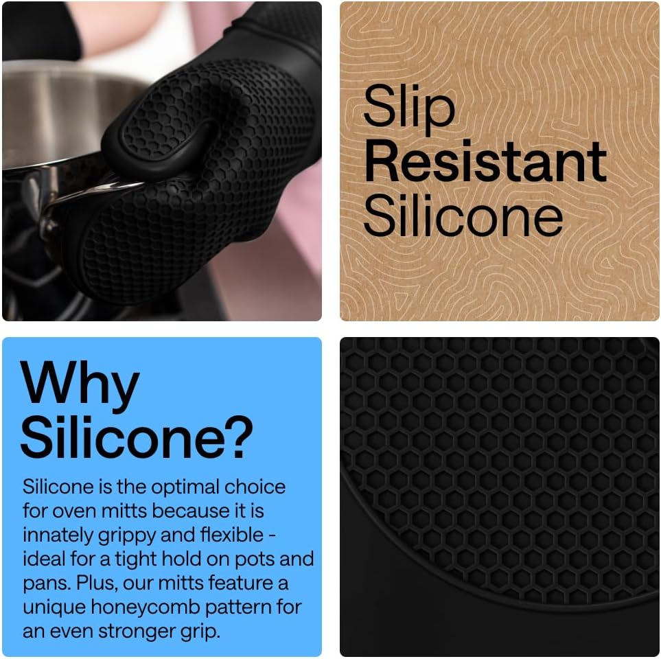 GORILLA GRIP BPA-Free Soft Silicone Oven Mitts, Heat Resistant and Waterproof Cooking Safety Gloves, Thick Cotton Lining, Flexible Gripping, Kitchen Potholders Set, for Grilling, BBQ, 12.5x8.3, Black