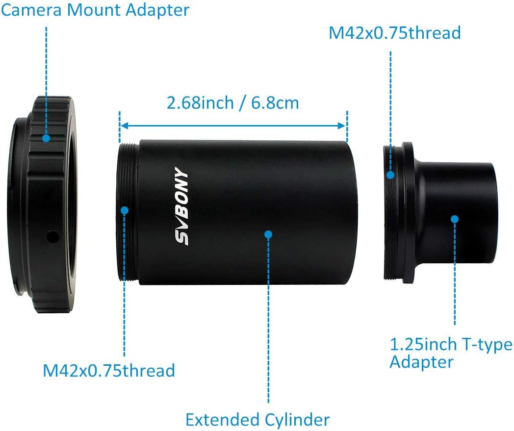 SVBONY T2 T Ring Adapter, Metal 1.25 inch Telescope Accessory, Compatible for Canon EOS Cameras Photography Dedicated CA1 Sleeve Extended Cylinder for Telescope