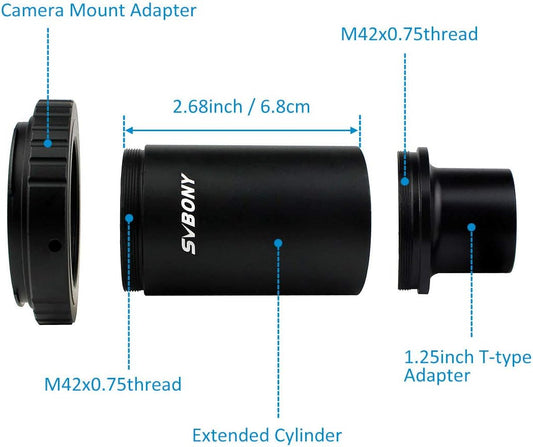 SVBONY T2 T Ring Adapter, Metal 1.25 inch Telescope Accessory, Compatible for Canon EOS Cameras Photography Dedicated CA1 Sleeve Extended Cylinder for Telescope