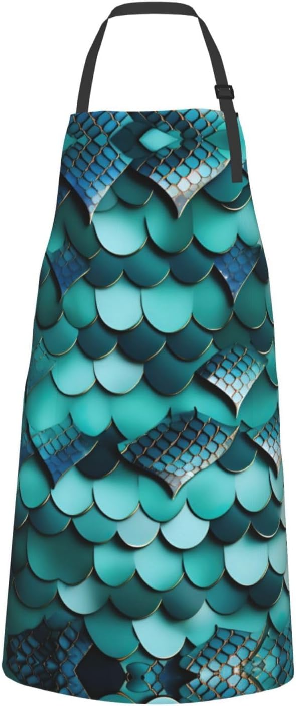 Mermaid fish scale print print Waterproof chef's apron with pocket apron for kitchen cooking baking barbecue and gardening