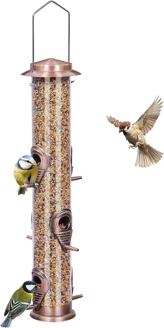ERYTLLY Metal Bird Feeder for Wild Birds - 1.4mm Extra Thick Solid Transparent Tube With Steel Hanger, Squirrel Proof for Outside (Antique Copper-Metal 6 Feeding Ports)