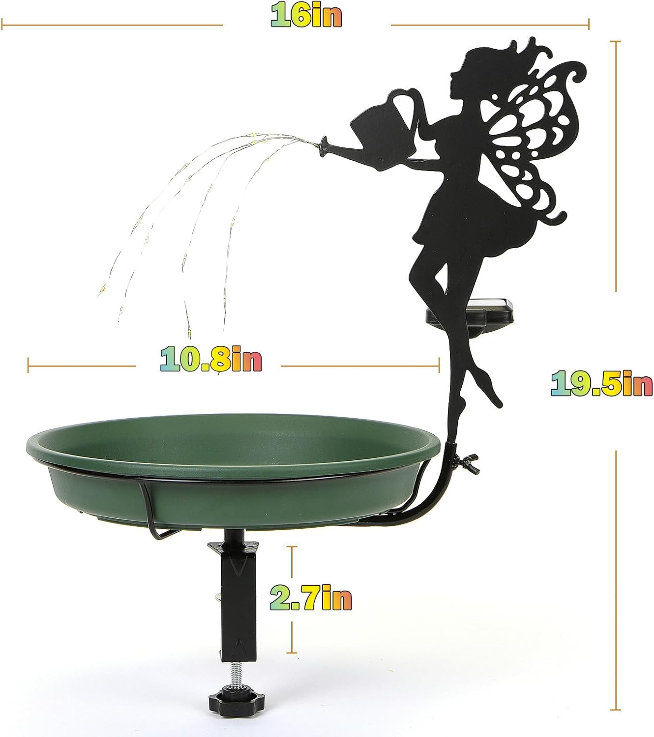 Solar Light String Bird Bath，Birdbaths Deck Mounted 19.5 Inches Bird Bath 2.7 Inches Deck Adjustable Steel Clamp，Balcony Railing Birdbaths, Fence Clamp Detachable…