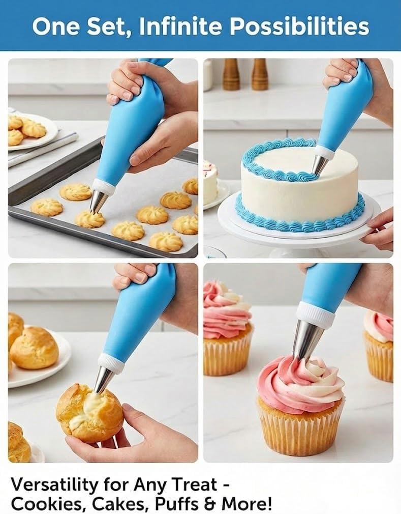 Piping Bags and Tips Set, Reusable Cake Decorating Supplies with 2 Reusable Bags, 12 Icing Tips, 2 Silicone Rings, 2 Couplers and 3 Scrapers, Cake Baking Tools for Cookie Icing Cupcakes