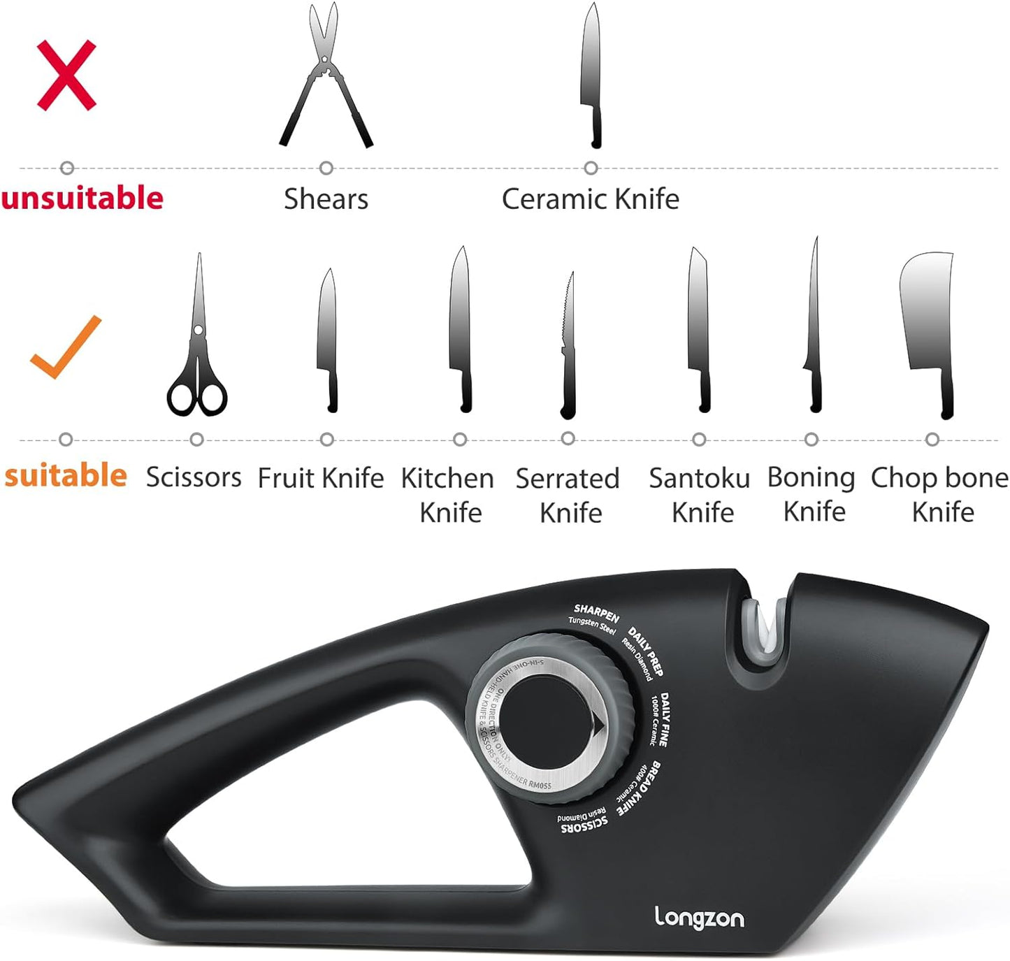 Longzon 6-in-1 Knife Sharpener 5 Stage for Serrated Knives, Scissors with Cut-Resistant Glove,Original Premium Polish Blades,Best Kitchen Knife Sharpener Repair & Restore Pocket Knife, Chefs knife