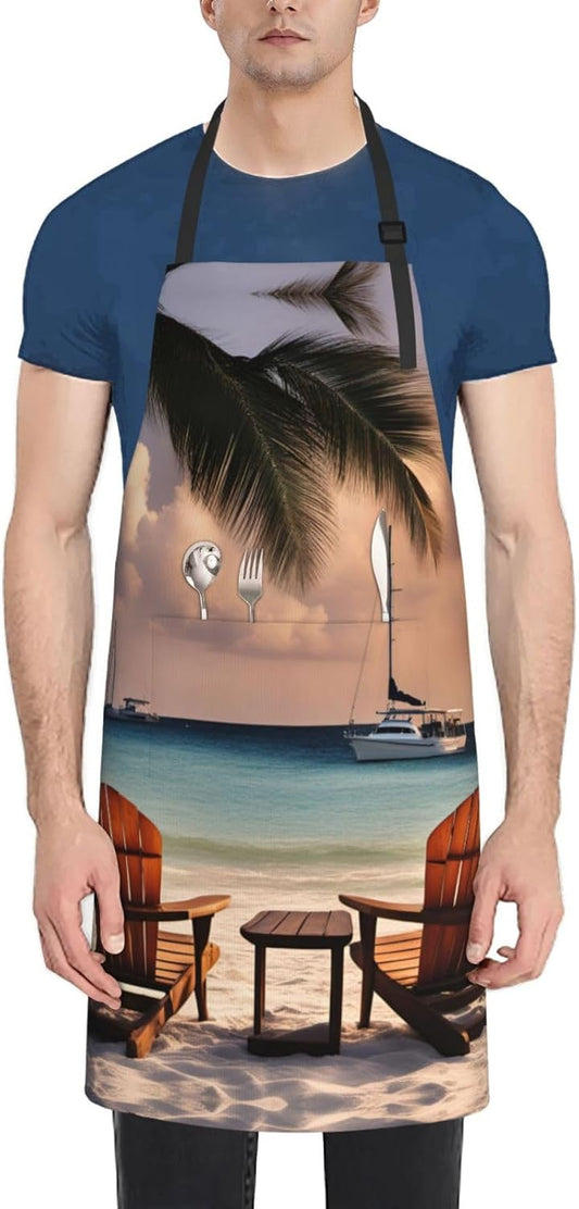 Beach Palm Tree Chairs Boats print Waterproof chef's apron with pocket apron for kitchen cooking baking barbecue and gardening