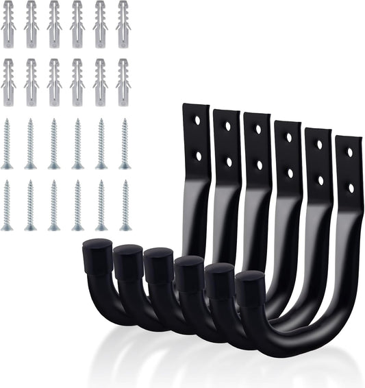 6-Pack Heavy Duty Metal Wall Hooks,Industrial Garage Storage Hooks Large Utility Hook Garage Organizer, J Hooks,Garden Tools, Bicycles/Ladder Outdoor Use