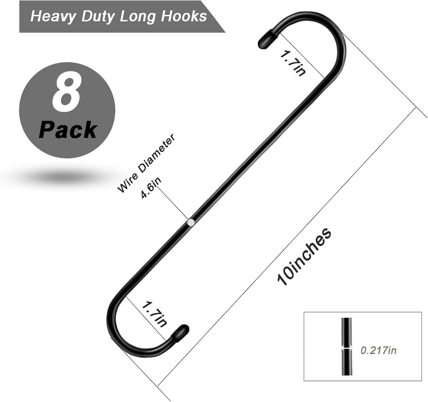 8 Pack Large S Hooks for Hanging Heavy Duty 10 Inch Long Steel Metal Hanger Black Extension Hooks for Closet Hanging Jeans Clothes Bird Feeders Plants Garden Indoor Outdoor