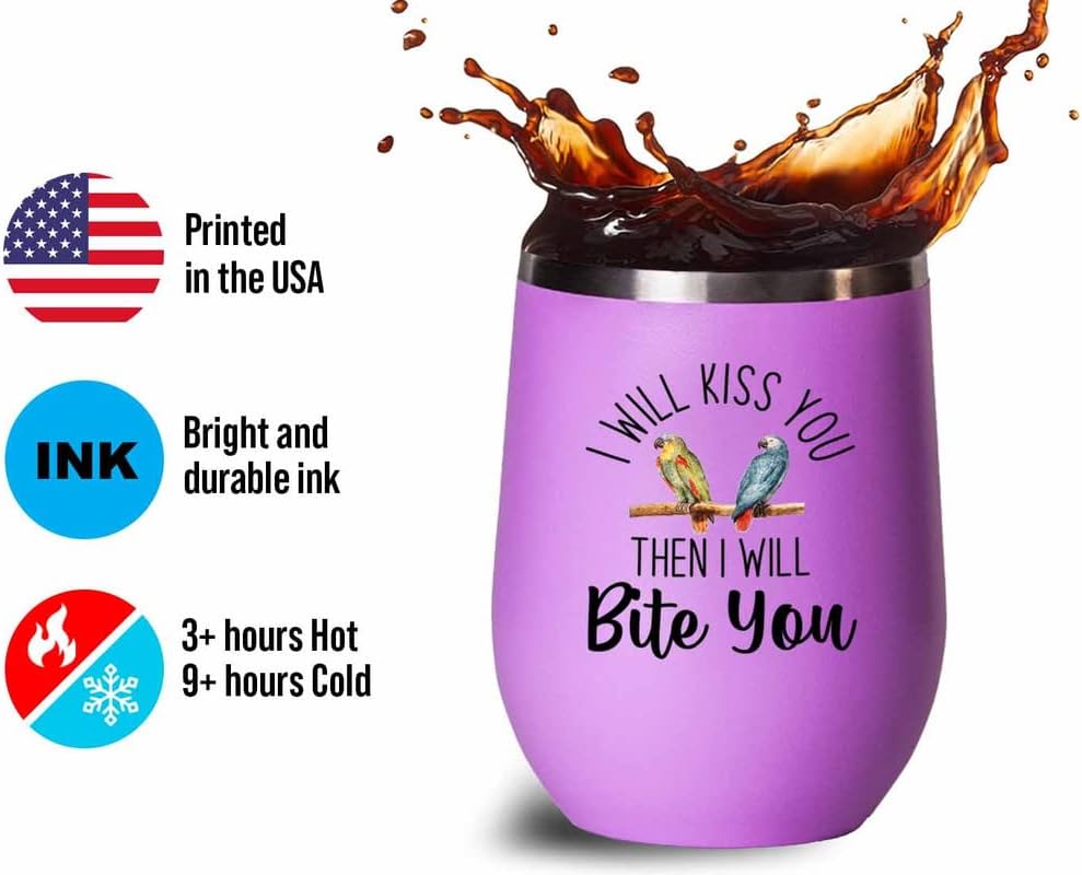 Bird Lover Pink Edition Wine Tumbler 12oz - Kiss then bite you - Hummingbird Nest Cage Parrot Dad Gardening Outdoor Birdwatcher Feeder