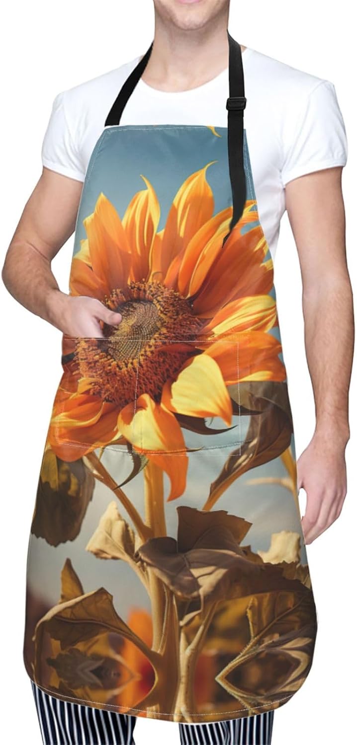 Beautiful sunflower print Waterproof chef's apron with pocket apron for kitchen cooking baking barbecue and gardening