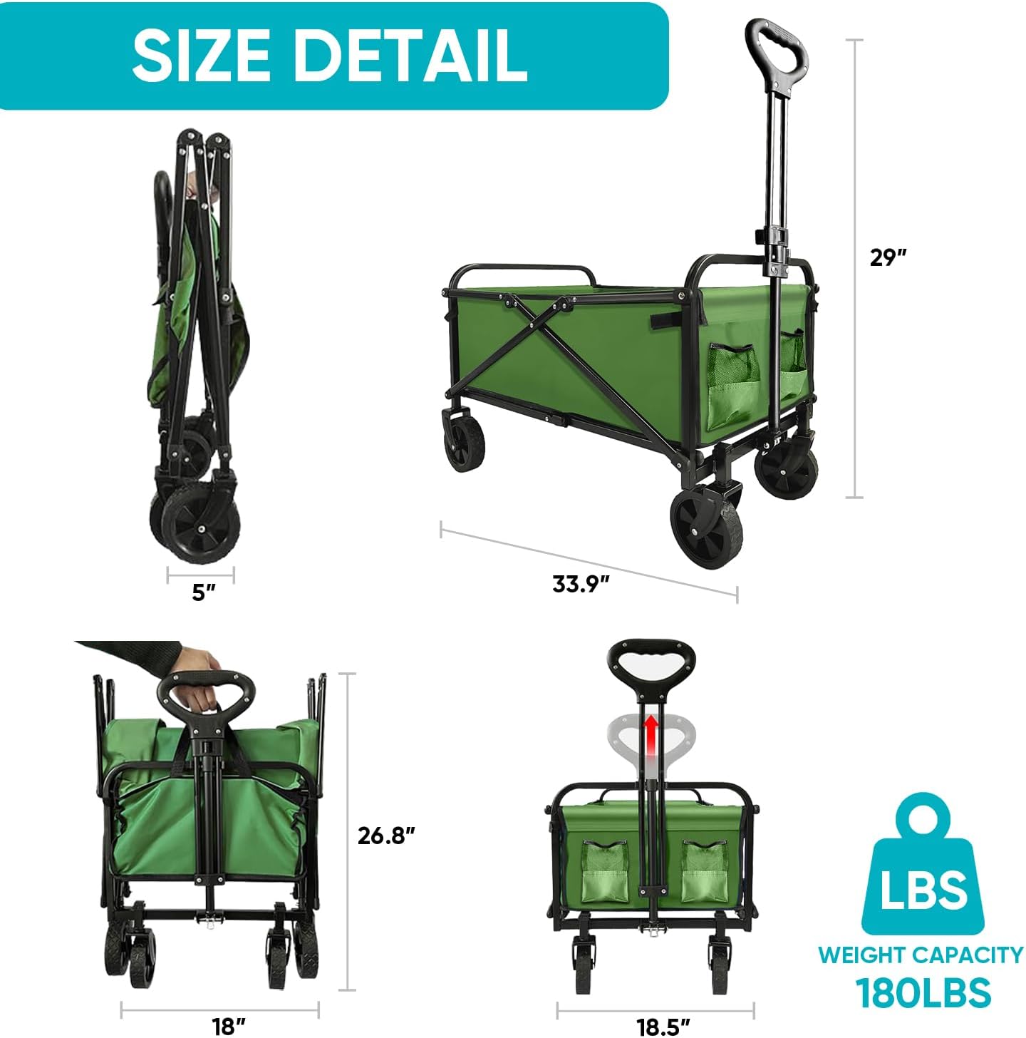Collapsible Foldable Wagon, Beach Cart Large Capacity, Heavy Duty Folding Wagon Portable, for Outdoor Sports, Shopping, Camping, Green