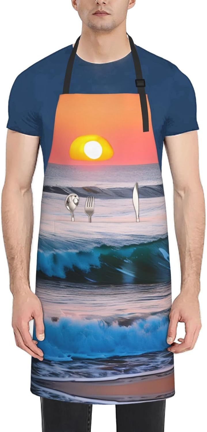 Sunset and Sunrise with Ocean Sea Waves Print 28x33 In Adult Kitchen Apron with Pockets Versatile Chef Smock for Cooking Baking