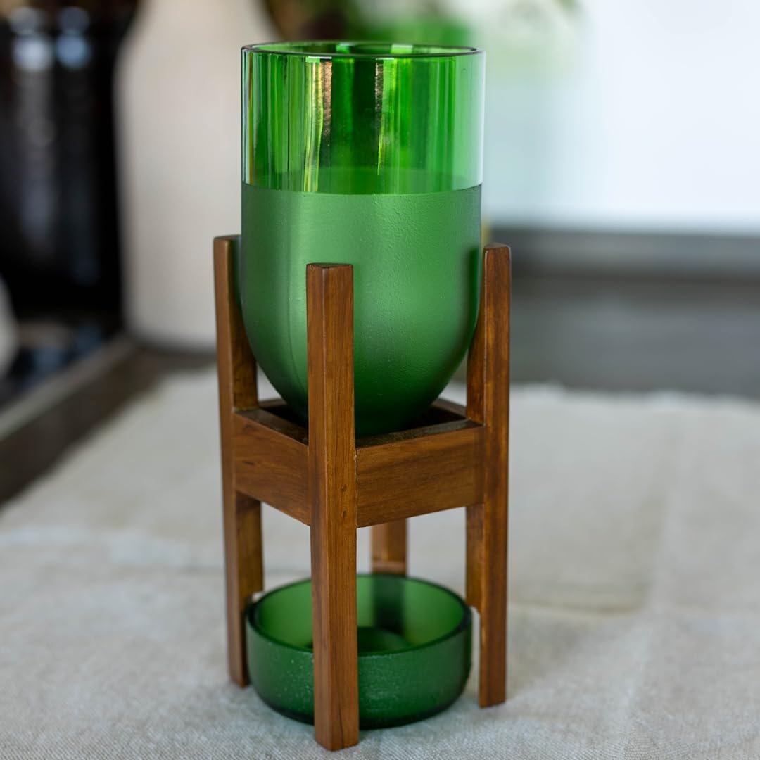 IWAS Upcycled Teak Wood Planter | Pilo High Green | 21.5 cm Height | Sustainable Indoor Plant Pot Stand with Teak Wood Base | Eco-Friendly & Handcrafted Home Décor