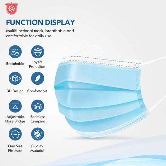 HDFK Face Mask Disposable Adults 3Ply Non-Woven with Nose Clip Ear Loo