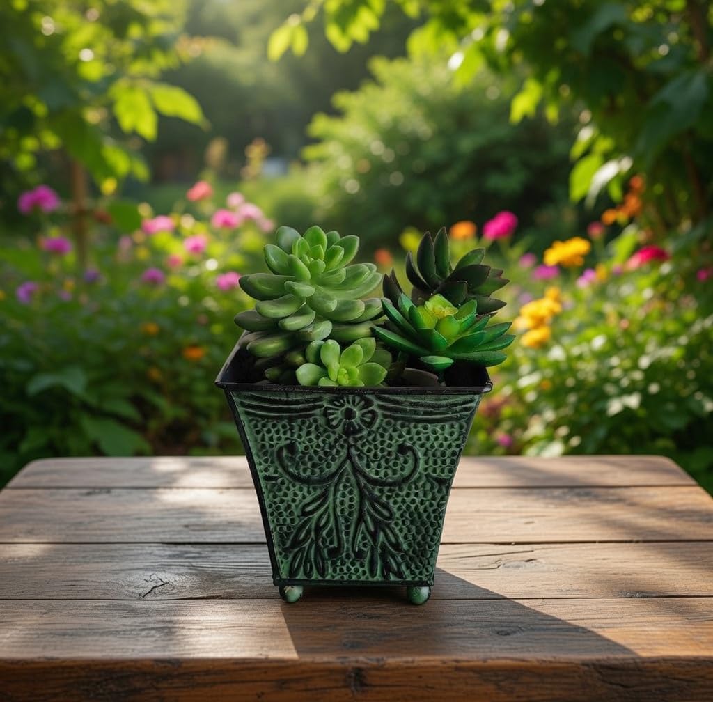 Hosley Set of 4 Green Patina Embossed Metal Planters with Ornate Flora