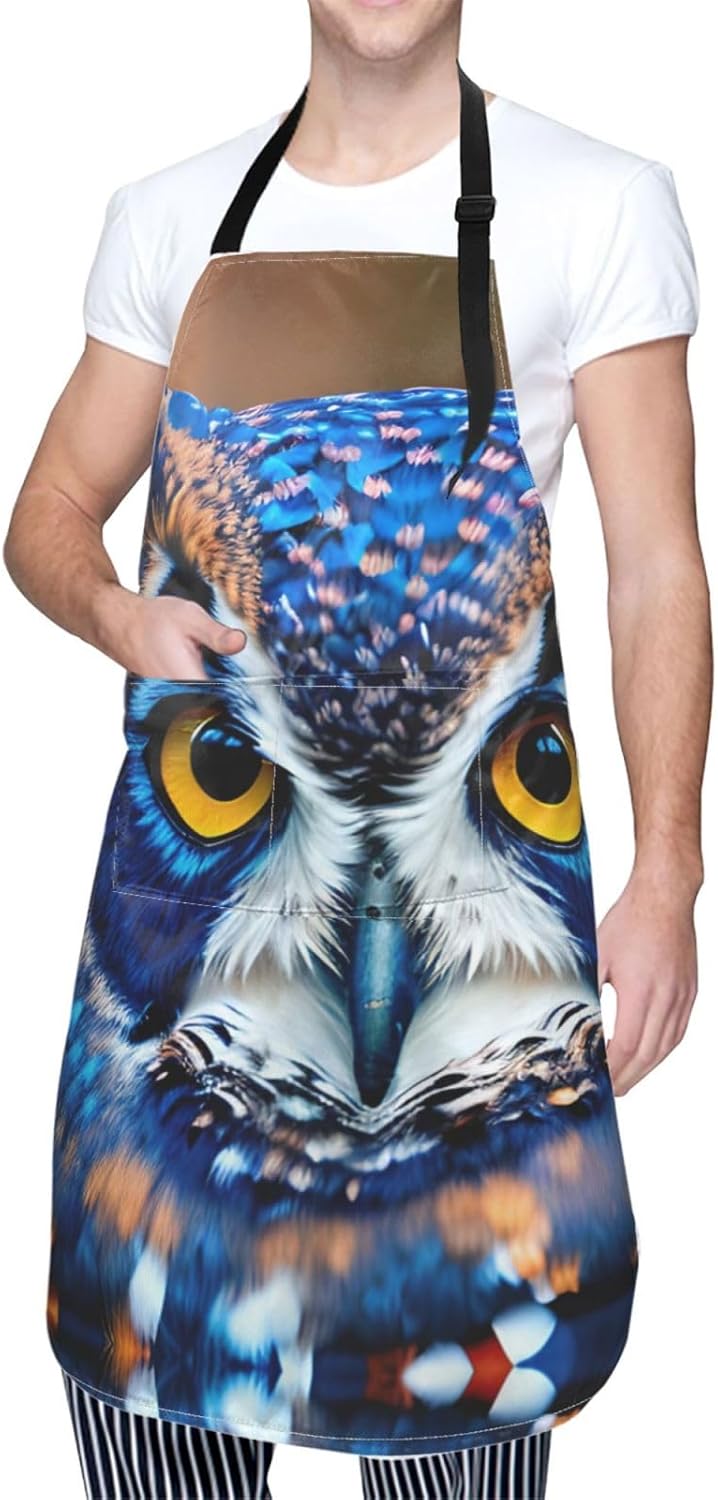 Blue Owl 1 print Waterproof chef's apron with pocket apron for kitchen cooking baking barbecue and gardening