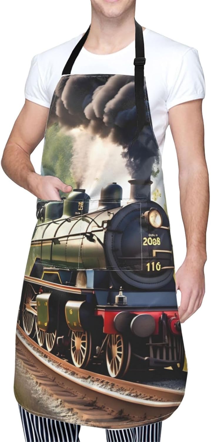 Steam Little Train print Waterproof apron with pocket adjustable cooking apron for adult kitchen bibs to bake