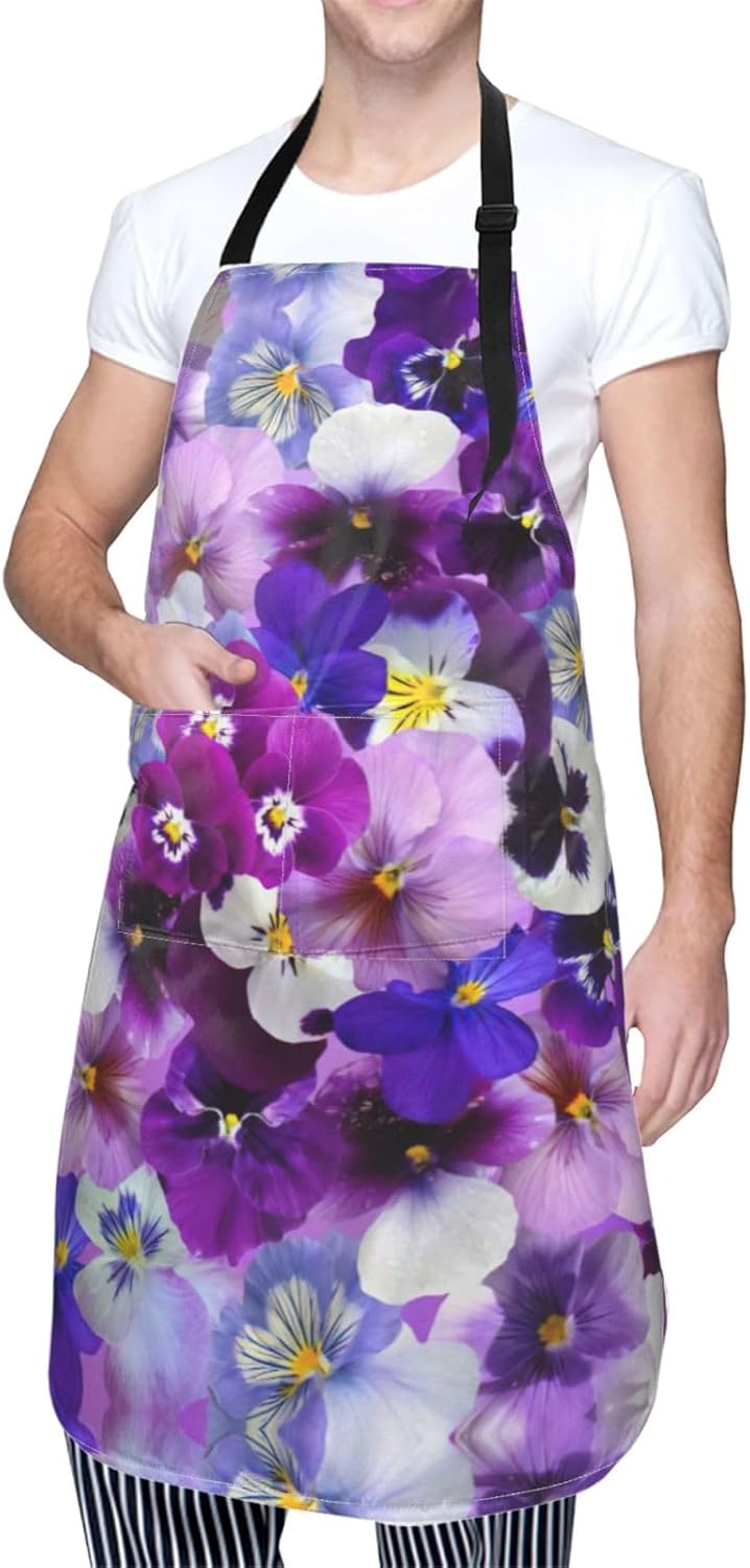 Purple Flower Print Laundry apron 28x33 In Waterproof Kitchen Apron with Pockets for Cooking Baking
