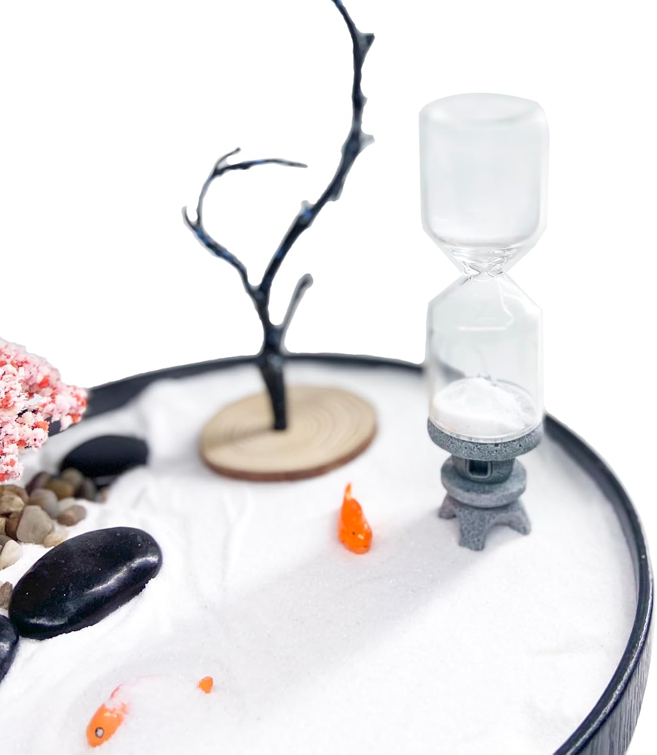Desktop Zen Garden with Refillable Hourglass and Koi Fish – Miniature Japanese Rock Garden Kit with Sand, Rake, and Accessories – Stress Relief Desk Decor for Home & Office