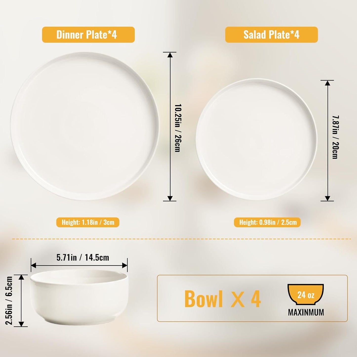 EWFEN Plates and Bowls Sets, 12 Pieces Ceramic Dinnerware Set for 4, S