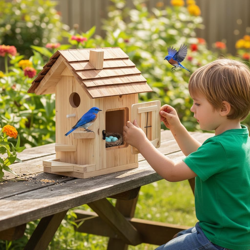 Large Bird Houses for Outside Clearance Wooden Bird House Kit - Bluebird House for Outside - Build it Yourself Birdhouse Kits for Adults to Build - Pole Mountable - Easy Open for Cleaning