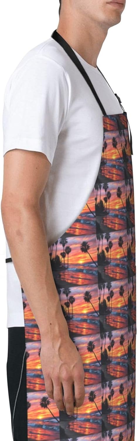 YANYU Palm Tree Sunset Print 28x33 In Kitchen Apron Stylish Chef Apron with Pockets for Cooking Baking Painting