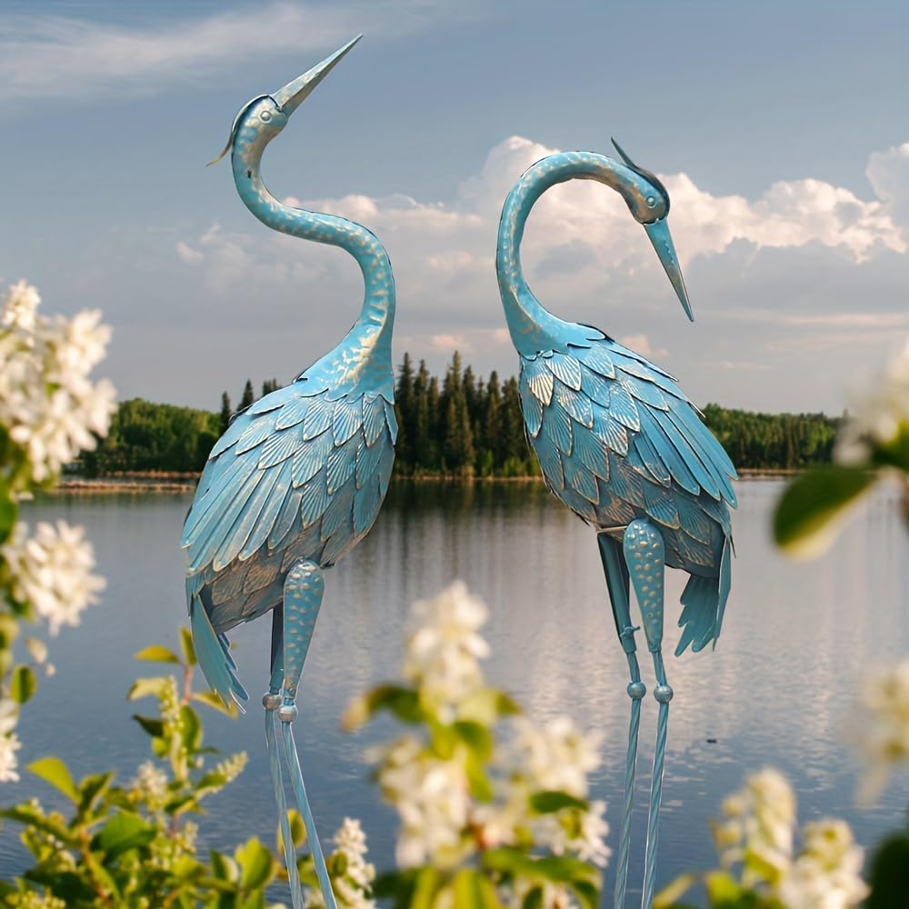 35-40 Inch Standing Garden Crane Statues for Outdoor, Metal Birds Yard Art Garden Crane Sculpture for Home Backyard Pond Patio Lawn Spring Decoration, Easter Decorations for Home, Set of 2