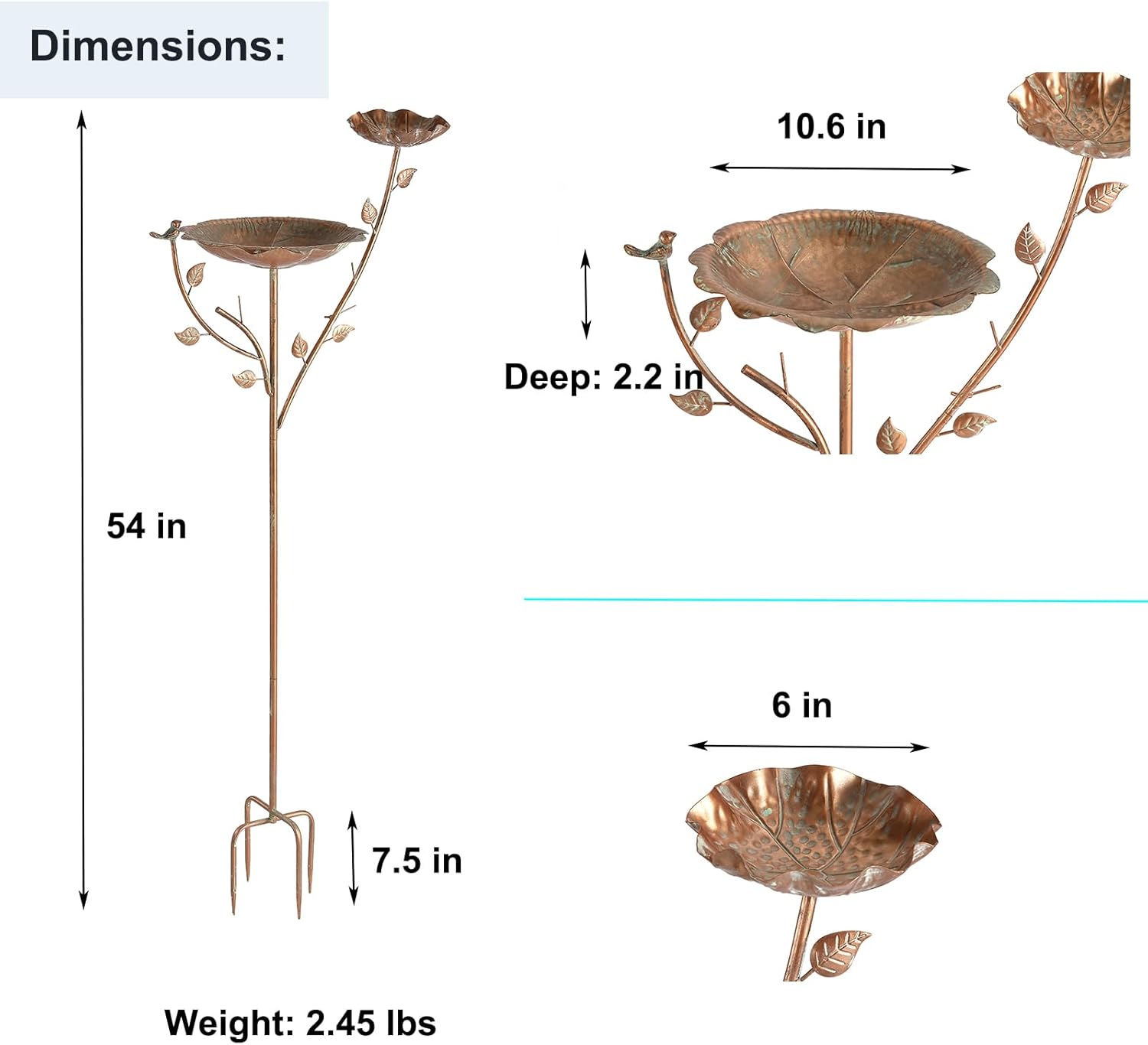 54" H Free Standing Bird Bath with Stake ， Iron Birdbath Bowl & Feeder