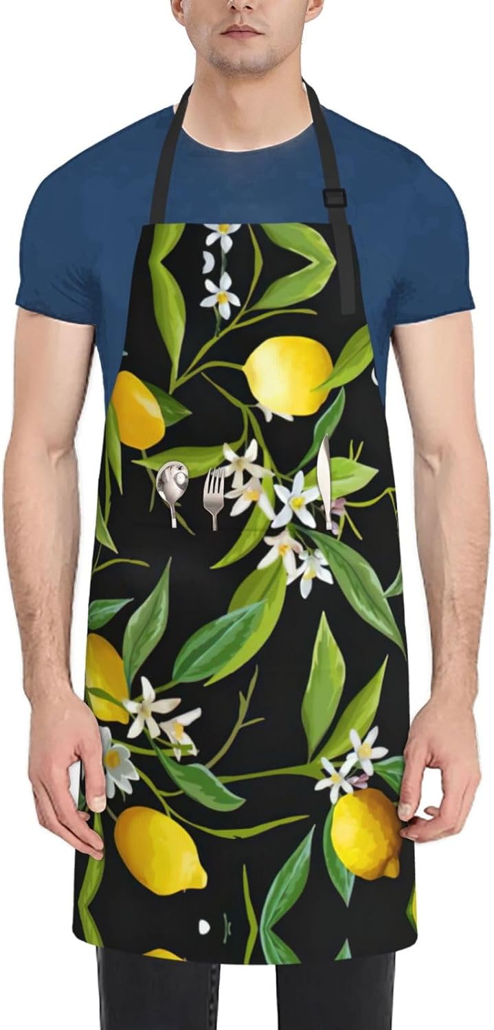 Lemon and Flower Print Laundry apron 28x33 In Waterproof Kitchen Apron with Pockets for Cooking Baking