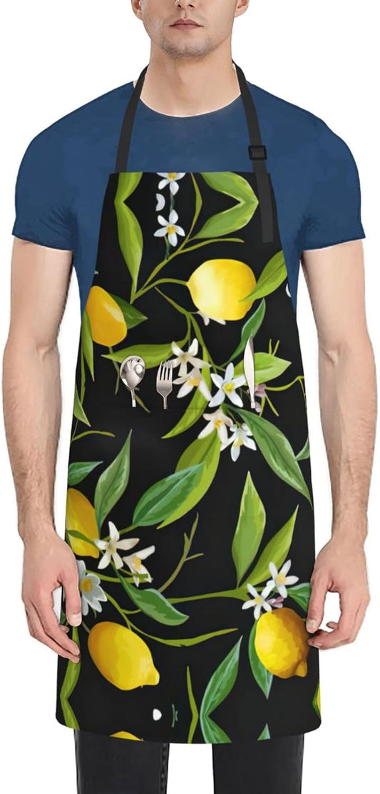 Lemon and Flower Print Laundry apron 28x33 In Waterproof Kitchen Apron with Pockets for Cooking Baking