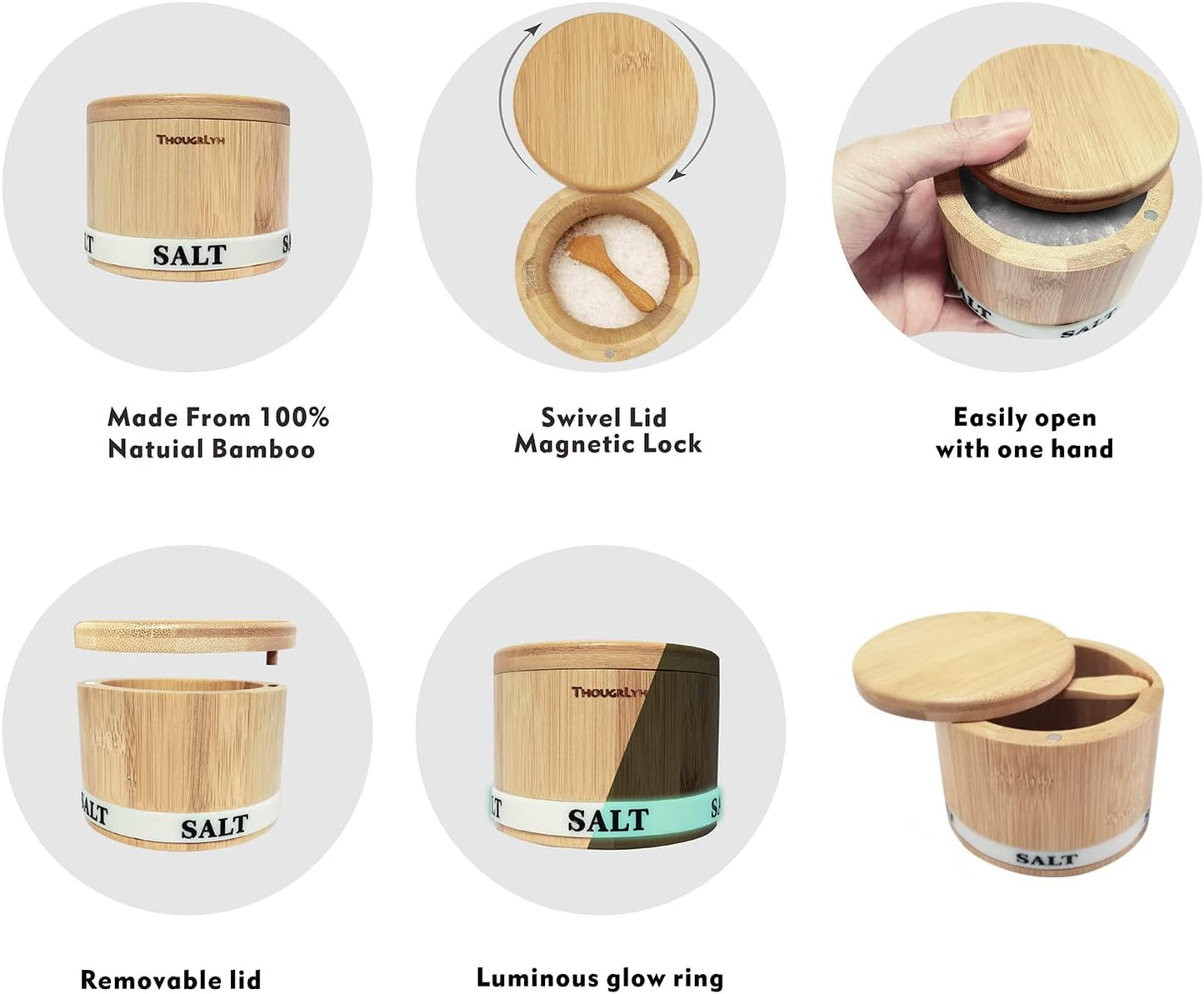 Salt Box Bamboo Salt Container with Swivel Lid with Magnetic to Easily Open and Seal Salt Cellar With Spoon for Storing Salt Pepper Sugar Herbs Small Spice Box