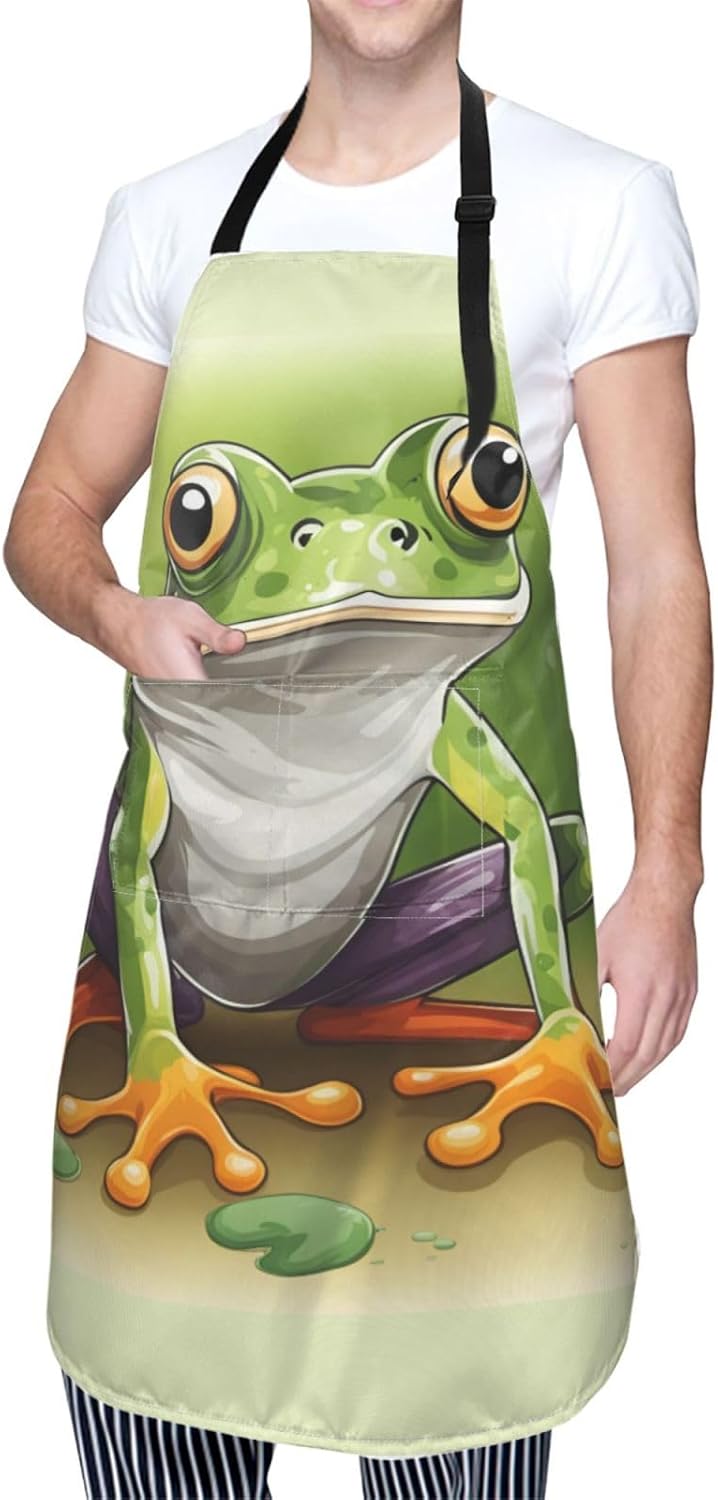 Cartoon frog print Waterproof chef's apron with pocket apron for kitchen cooking baking barbecue and gardening