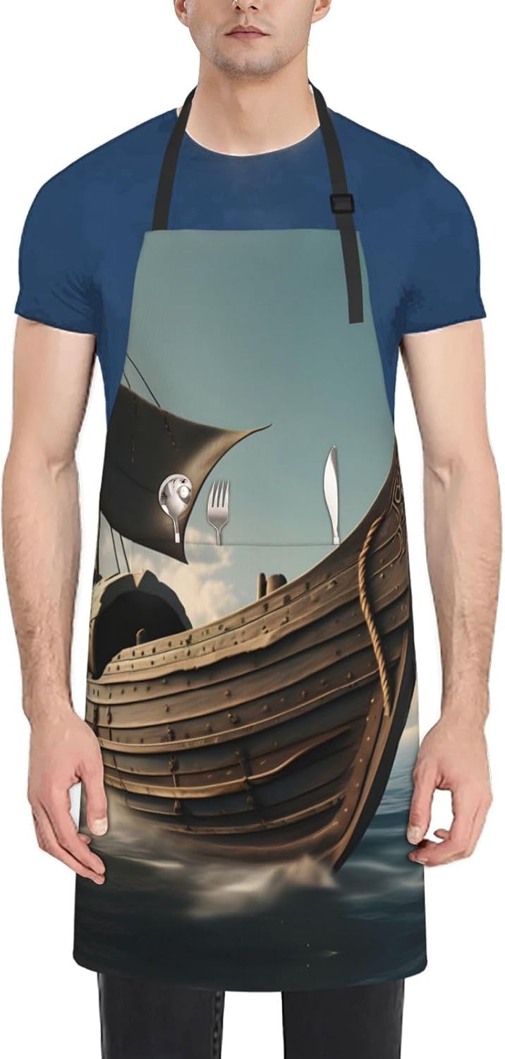 Old Viking Boat Print 28x33 In Adult Kitchen Apron with Pockets Versat