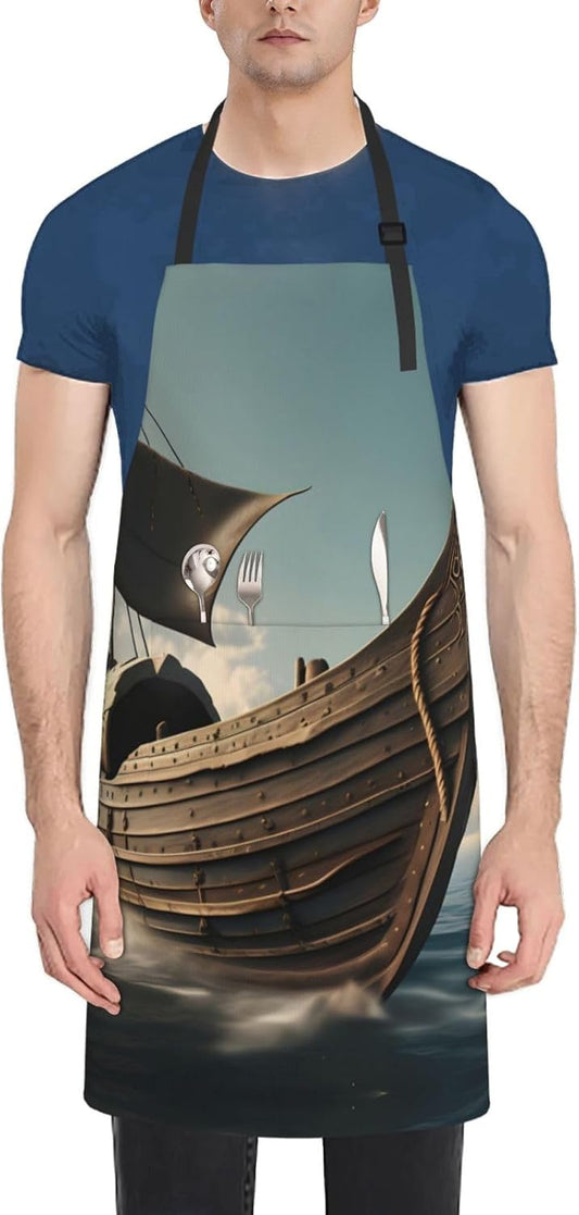 Old Viking Boat Print 28x33 In Adult Kitchen Apron with Pockets Versat