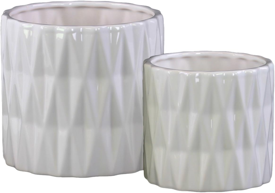 Urban Trends Ceramic Cylindrical Round Pot Set of Two with Polygonal P