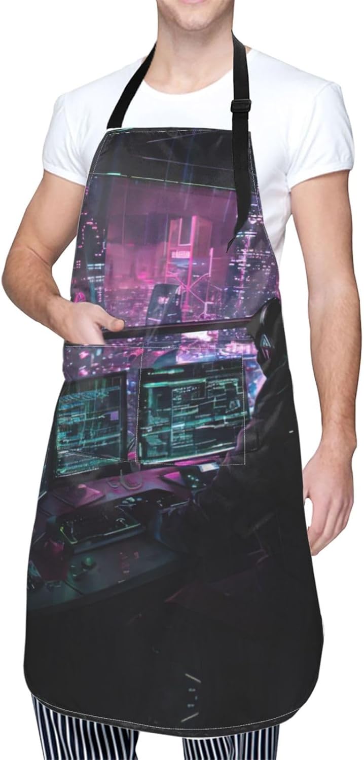 hacker era print Waterproof chef's apron with pocket apron for kitchen cooking baking barbecue and gardening