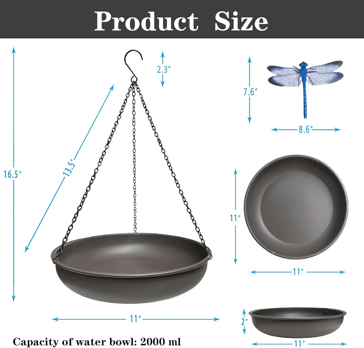 Hanging Bird Bath for Outside,11" Metal Bird Feeder Birdbath Bowl with 13.5" Rust-Proof Black Chains for Garden Backyard Decor with Magnetic Dragonfly Decor Dark Curry