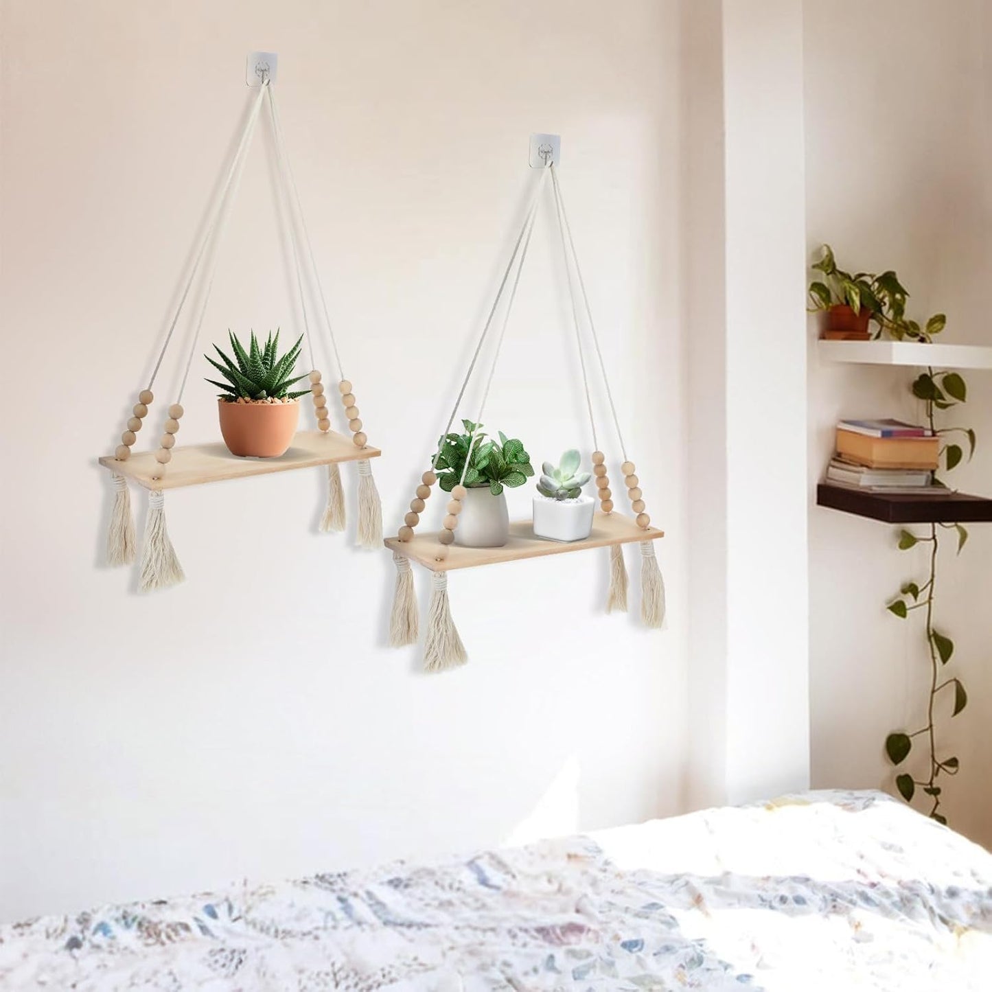 2 Pcs Wooden Wall Hanging Shelves, Macrame Hanging Plant Shelf with Tassel,Boho Storage Floating Shelves Handmade Rustic Hanger Planter Rack Pot Stand Holder for Bedroom Dorm Nursery Living Room