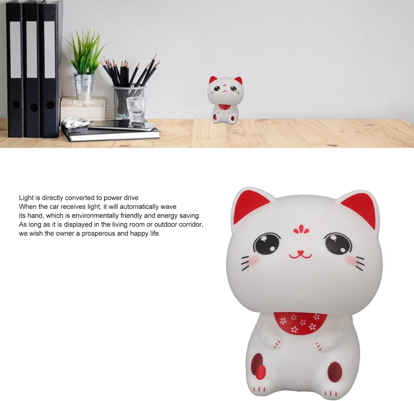 Cat Sculpture, Solar Light Induction Lucky Cat Statue Plastic Nodding Cute Ornament Decoration for Restaurants Car Dashboard (with Large Eyes)