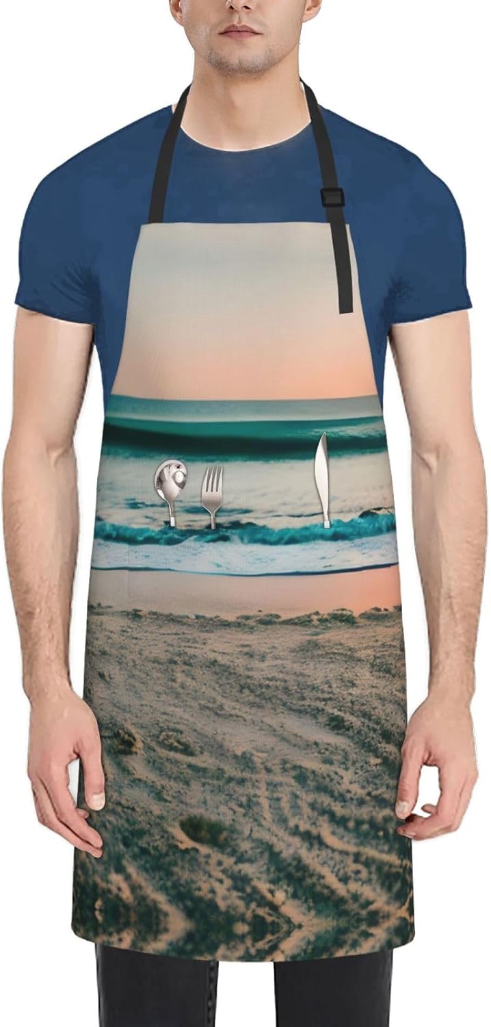 Beach Sunset Theme Print Laundry apron 28x33 In Waterproof Kitchen Apron with Pockets for Cooking Baking