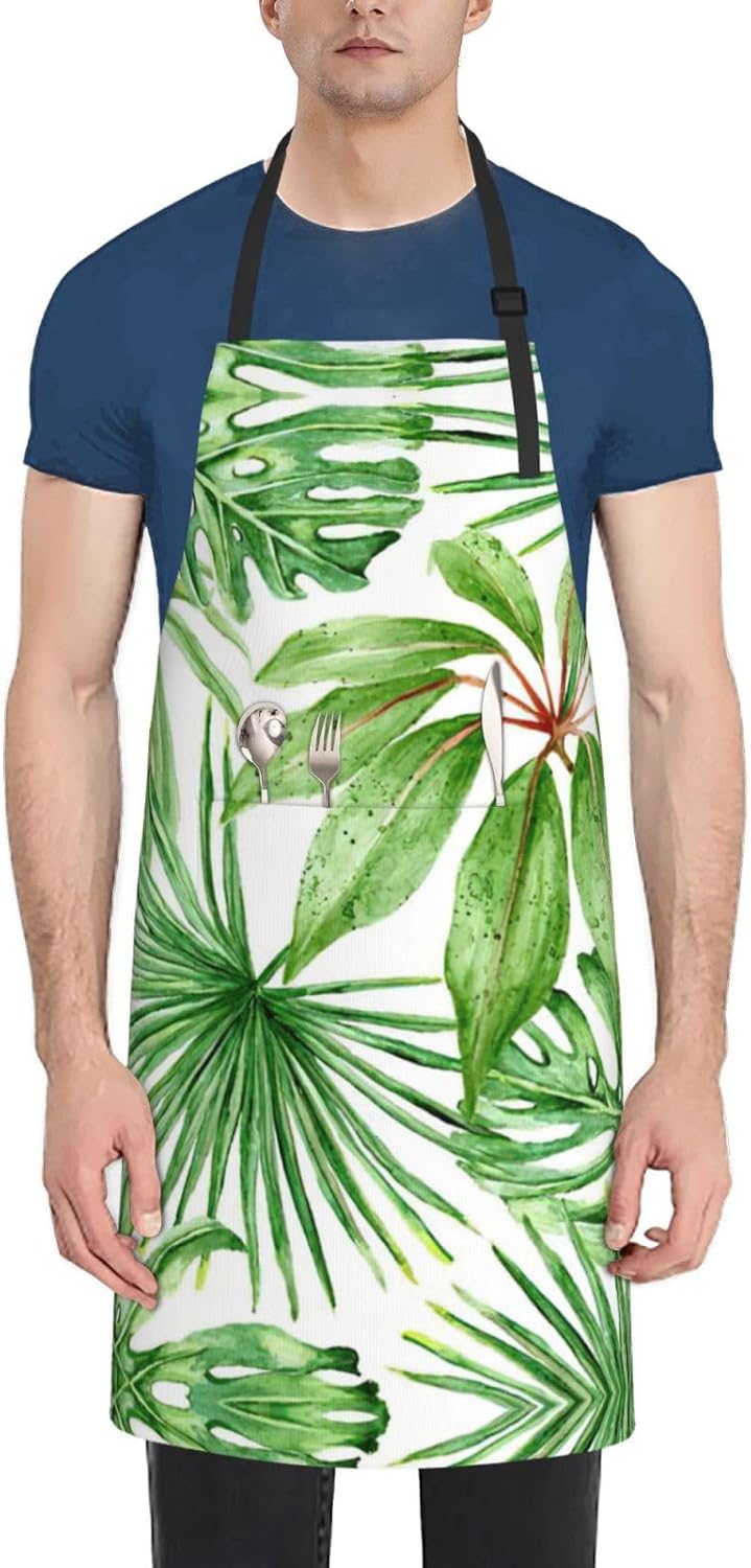 Tropical Palm Banana Leaves Print 28 x 33in Waterproof Apron with Pockets Fashionable Versatile Smock for Baking