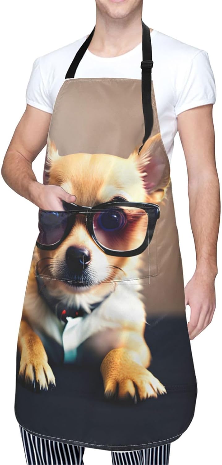 Chihuahua Dog Glasses 1 print Waterproof chef's apron with pocket apron for kitchen cooking baking barbecue and gardening