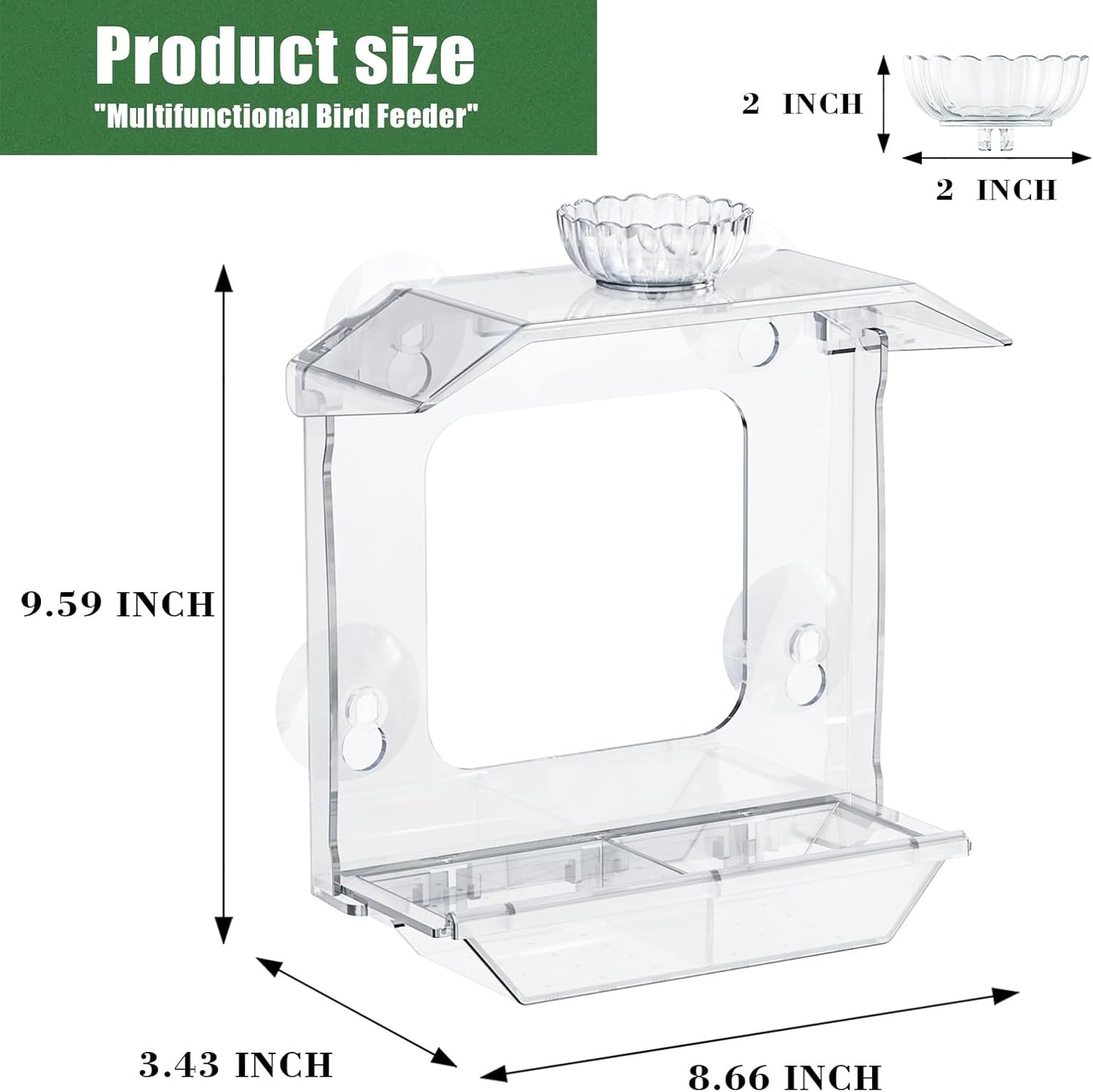 Clear Window Bird Feeder with Strong Suction Cups – Clear Bird Feeding Station with Dual Seed Tray & Water Bowl – Easy to Install and Clean for Outdoor Viewing