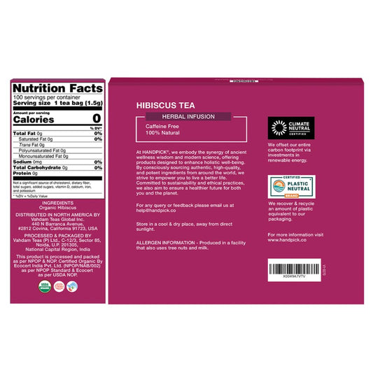 HANDPICK, Organic Hibiscus Tea Bags (100 Tea Bags) | Caffeine-Free, 100% Natural Pure Indian Hibiscus Flowers