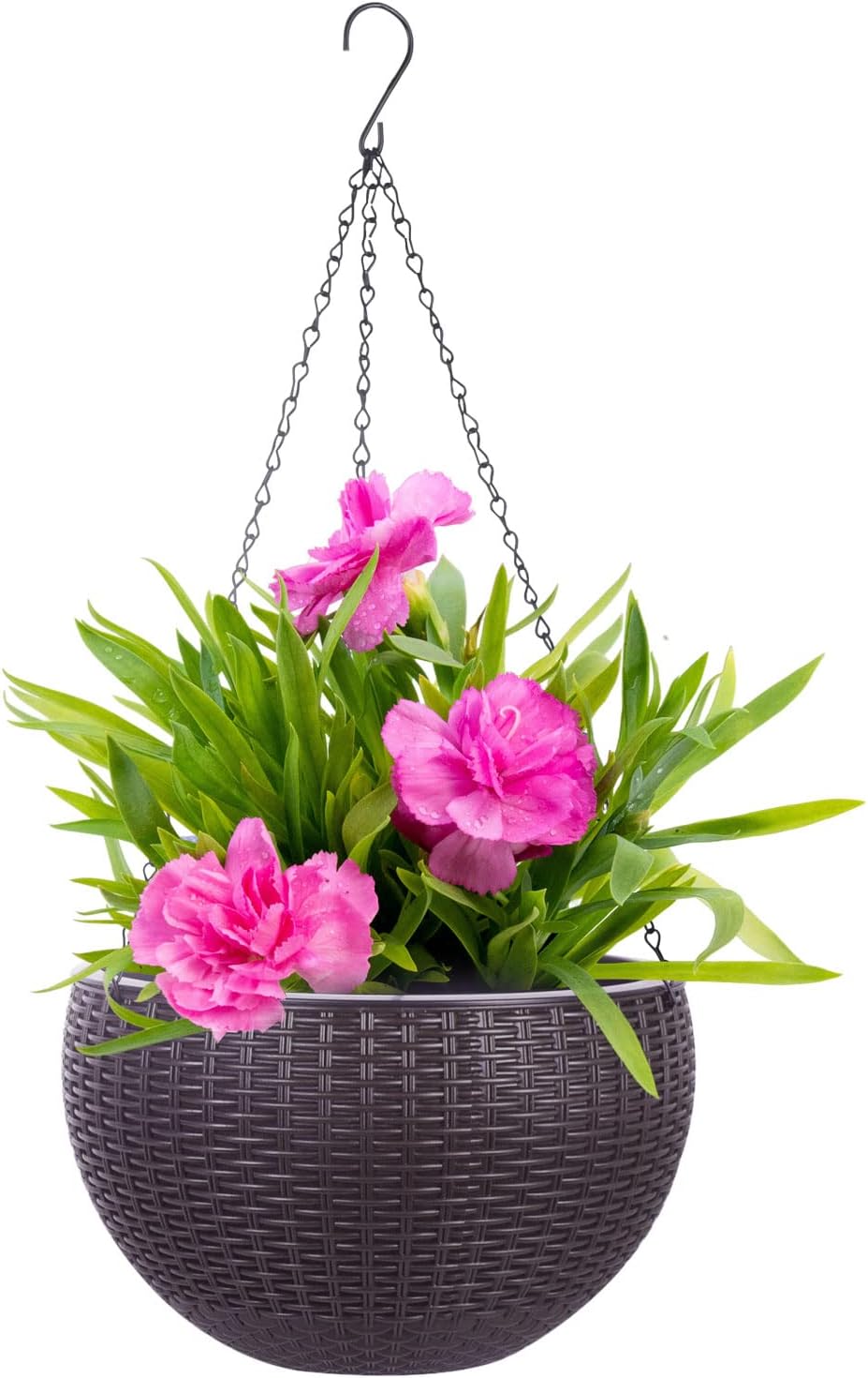 Vencer 11 Inch Round Resin Rattan Hanging Planters,Self Watering Hanging Basket for Indoor Outdoor Plants,Hanging Flower Pots with Drain Hole and Metal Chain,Water Indicator,Coffee,VF-A15-C