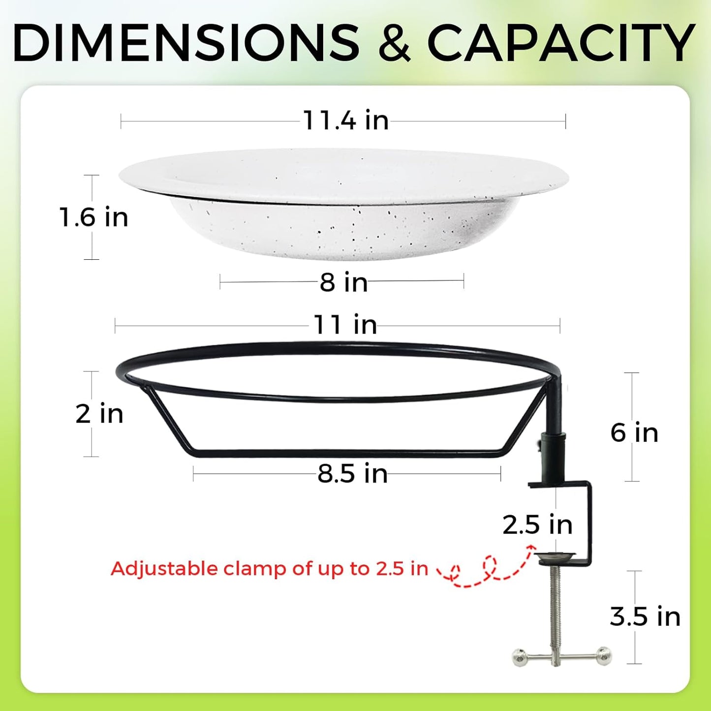 Deck Mounted Bird Bath and Feeder,11.5 Inch Large Gray Speckled Bowl,Heavy Duty Clamp On Deck Railing,Detachable Weather Resistant Balcony Bird Waterer for Outdoor Wild Birds