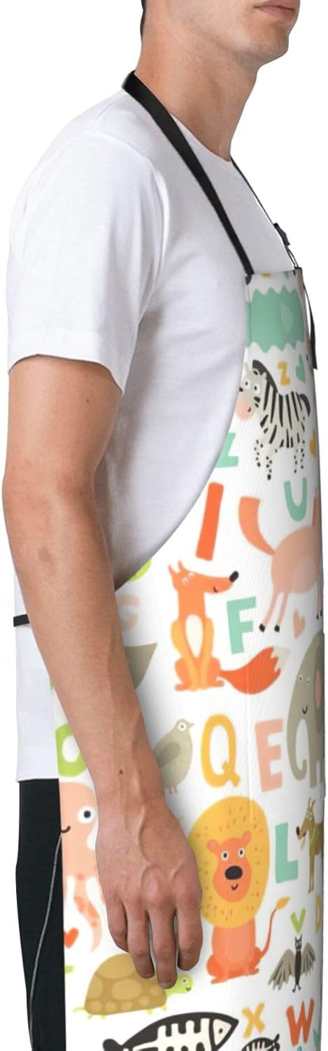 Zoo Alphabet Animal Print Laundry apron 28x33 In Waterproof Kitchen Apron with Pockets for Cooking Baking