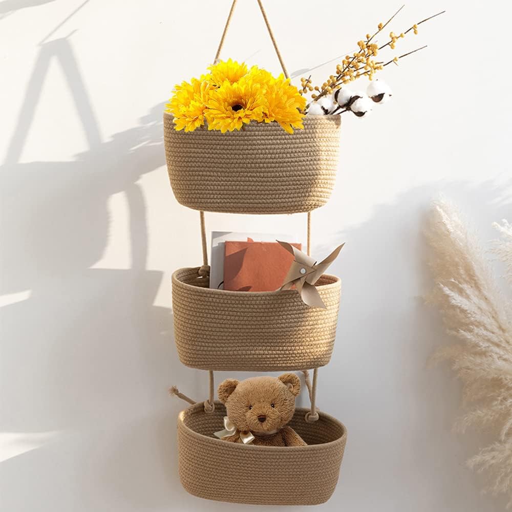 TeoKJ Over the Door Hanging Basket, 3-Tier Woven Cotton Wall-Mounted S