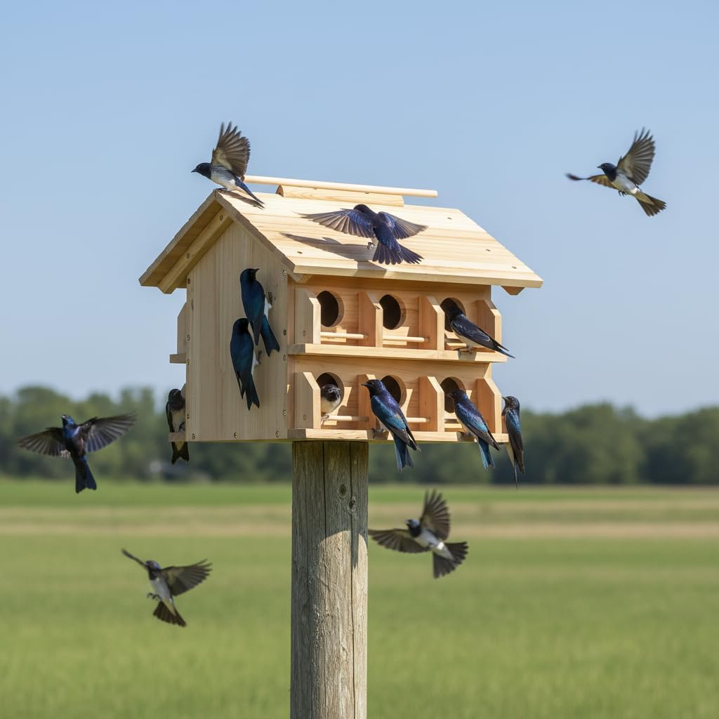 Purple Martin House Starling Birdhouse for Outside with 12 Rooms for Outside,Solid Cedar Wood Bird House for Garden, Pole Mountable Birdhouse, Metal Braket Included, Assembling Needed