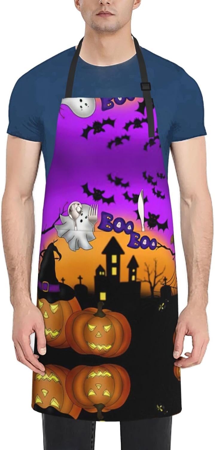 Halloween Owl Ghost Pumpkin Print 28 x 33in Waterproof Apron with Pockets Fashionable Versatile Smock for Baking